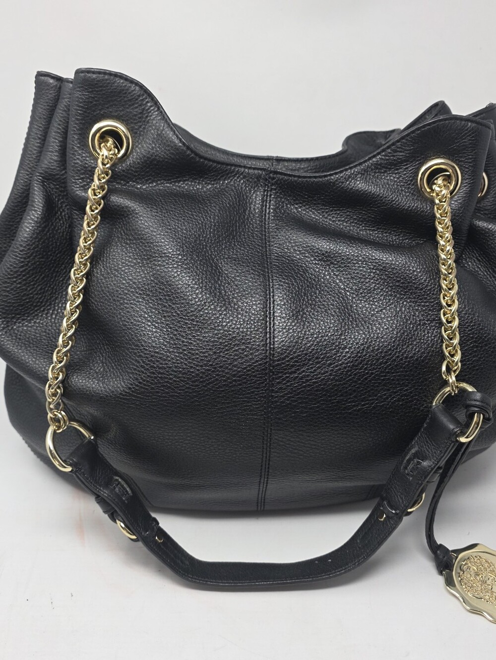 Vince Camuto Black Leather Hobo With Leather And Gold Tone Chain Straps
